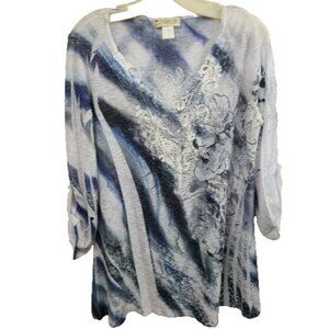 𝅺Impulse Womens Wearable Art Tunic Top Medium Blue White Lace 3/4 Sleeve‎